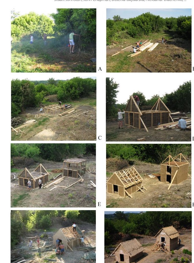 Opt fotografii care arată etapele construirii caselor experimentale de la Nebelivka